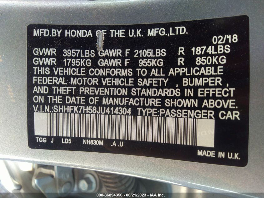 2018 HONDA CIVIC HATCHBACK EX - SHHFK7H58JU414304