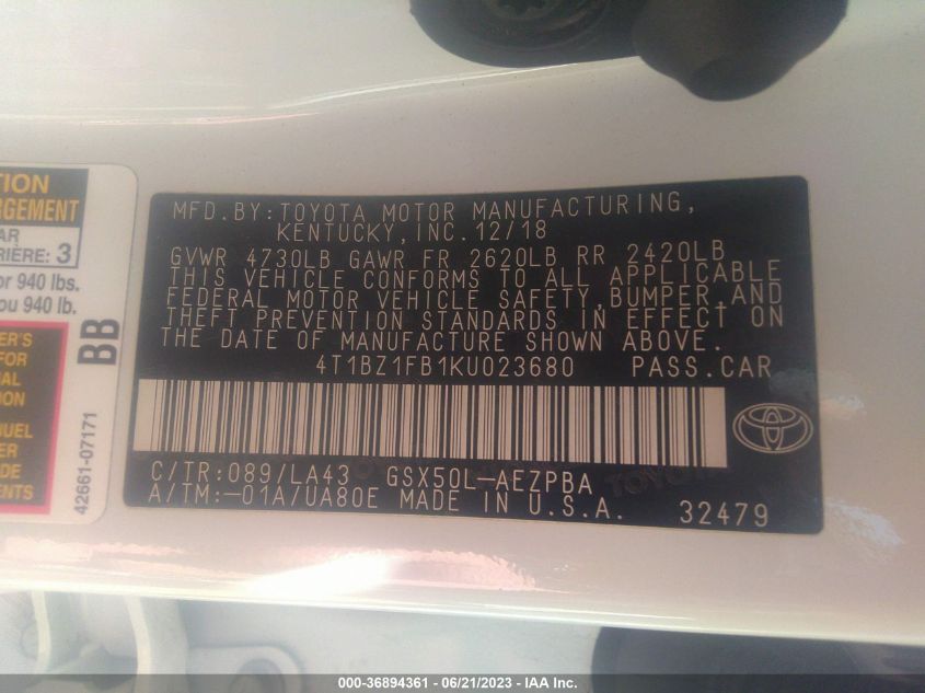 2019 TOYOTA AVALON XLE/TOURING/LIMITED/XSE - 4T1BZ1FB1KU023680