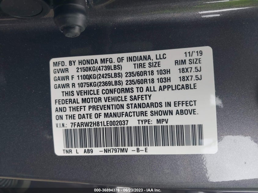 VIN 7FARW2H81LE002037 2020 HONDA CR-V EX-L