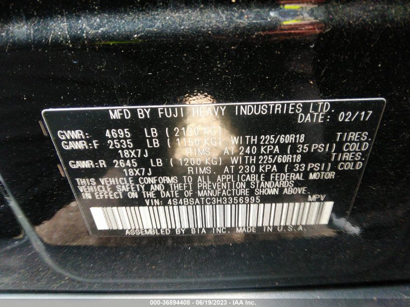 2017 SUBARU OUTBACK TOURING - 4S4BSATC3H3356995