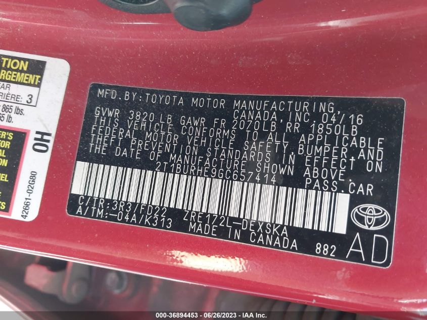 2016 TOYOTA COROLLA L/LE/S/S PLUS/LE PLUS - 2T1BURHE9GC657414