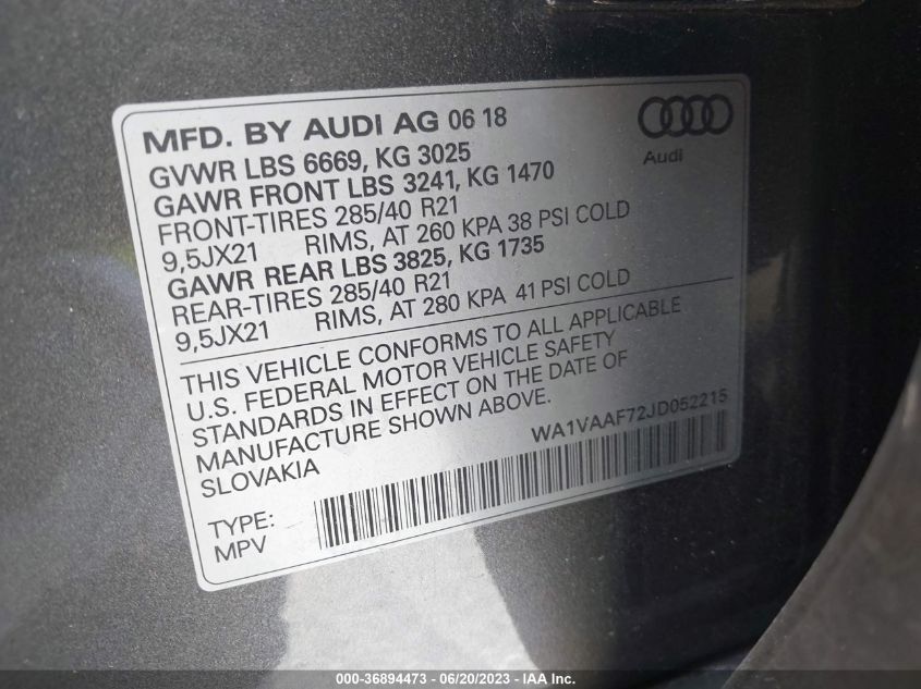 WA1VAAF72JD052215 2018 AUDI Q7, photo no. 9