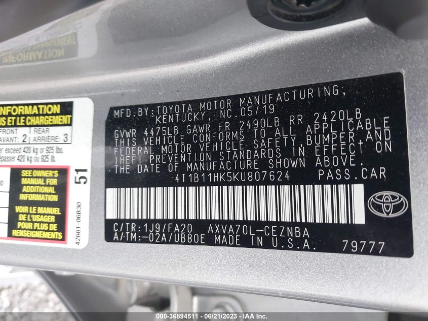 2019 TOYOTA CAMRY L/LE/XLE/SE/XSE - 4T1B11HK5KU807624
