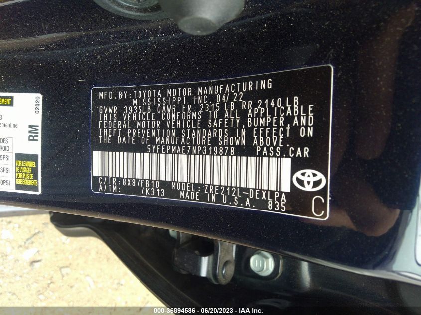2022 TOYOTA COROLLA LE - 5YFEPMAE7NP319878