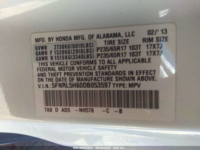 2013 HONDA ODYSSEY EX-L - 5FNRL5H60DB053597