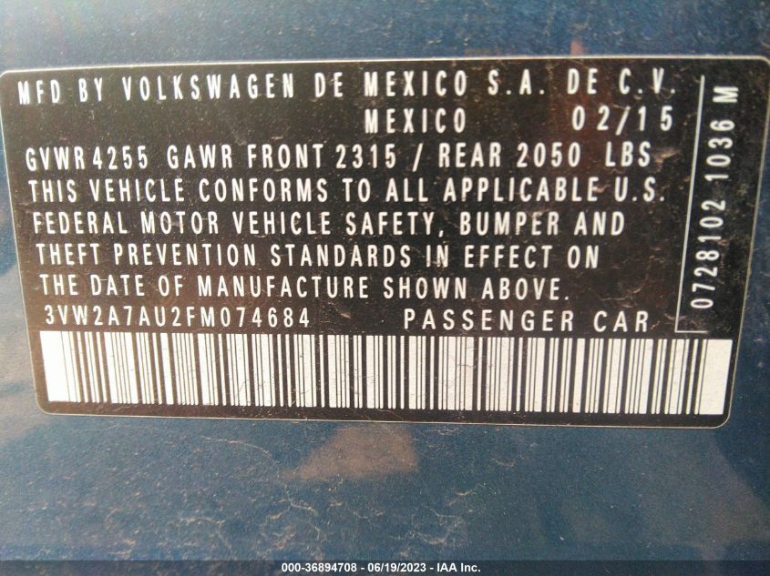 2015 VOLKSWAGEN GOLF TDI SE - 3VW2A7AU2FM074684