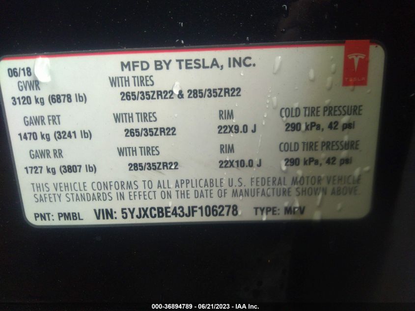 2018 TESLA MODEL X - 5YJXCBE43JF106278