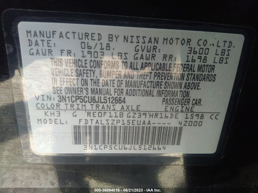 2018 NISSAN KICKS SV - 3N1CP5CU6JL512664