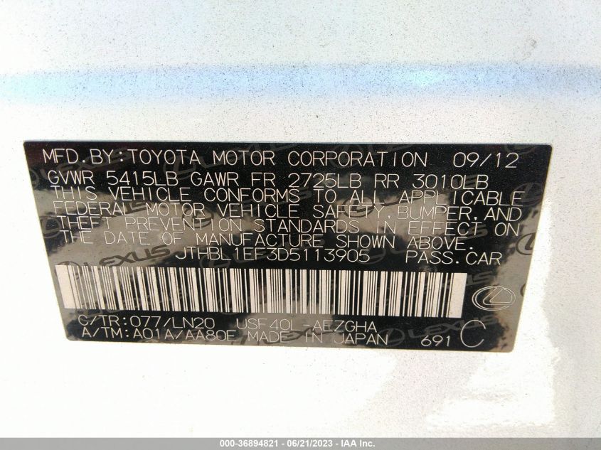 2013 LEXUS LS 460 JTHBL1EF3D5113905