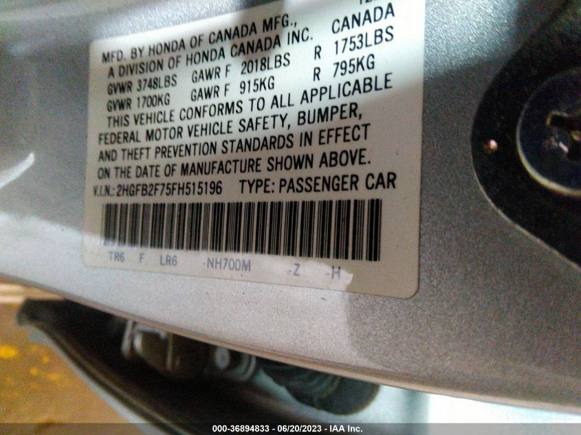 2015 HONDA CIVIC SEDAN SE - 2HGFB2F75FH515196