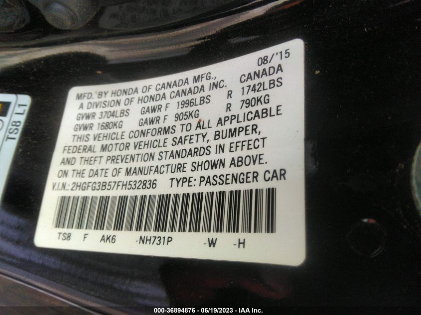2015 HONDA CIVIC COUPE LX - 2HGFG3B57FH532836