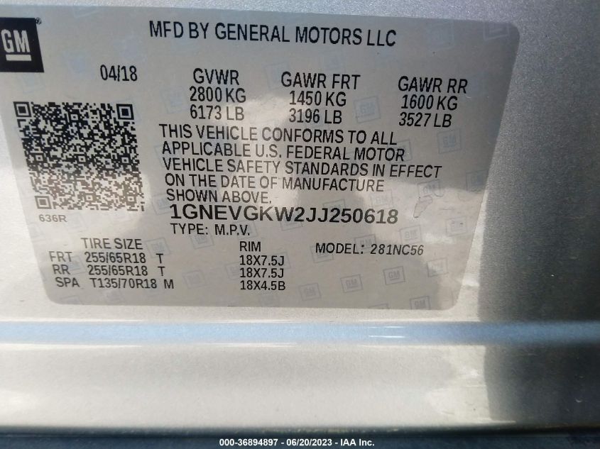 2018 CHEVROLET TRAVERSE LT CLOTH - 1GNEVGKW2JJ250618