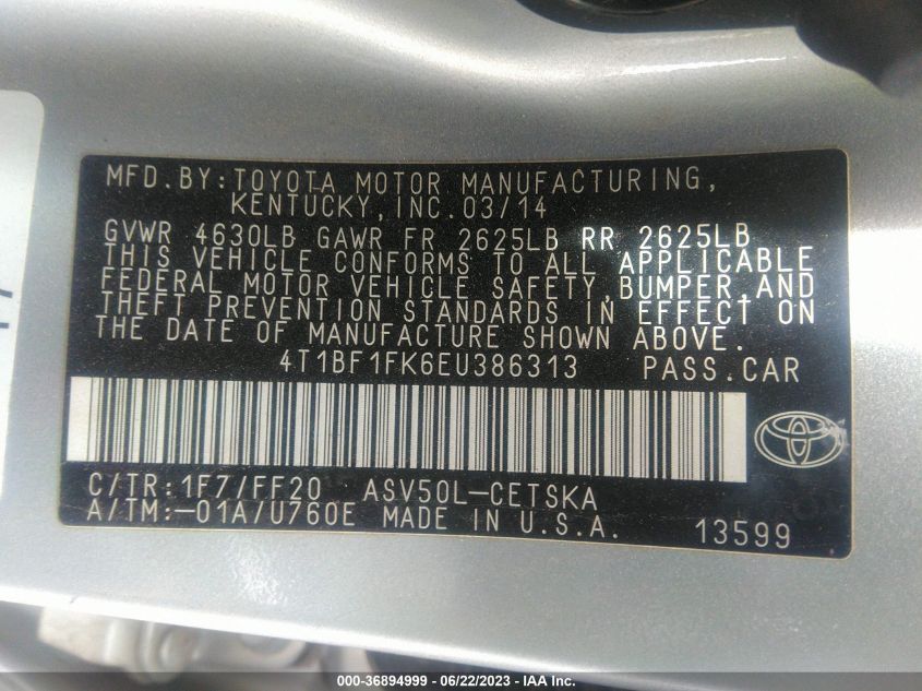2014 TOYOTA CAMRY L/LE/XLE/SE/SE SPORT - 4T1BF1FK6EU386313