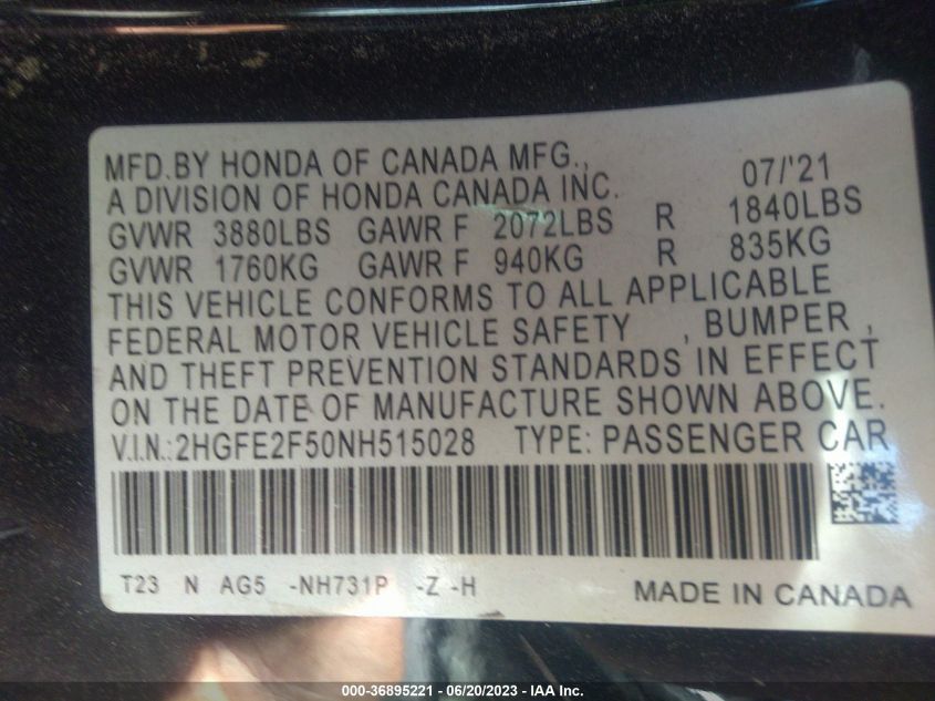 2022 HONDA CIVIC SEDAN SPORT - 2HGFE2F50NH515028
