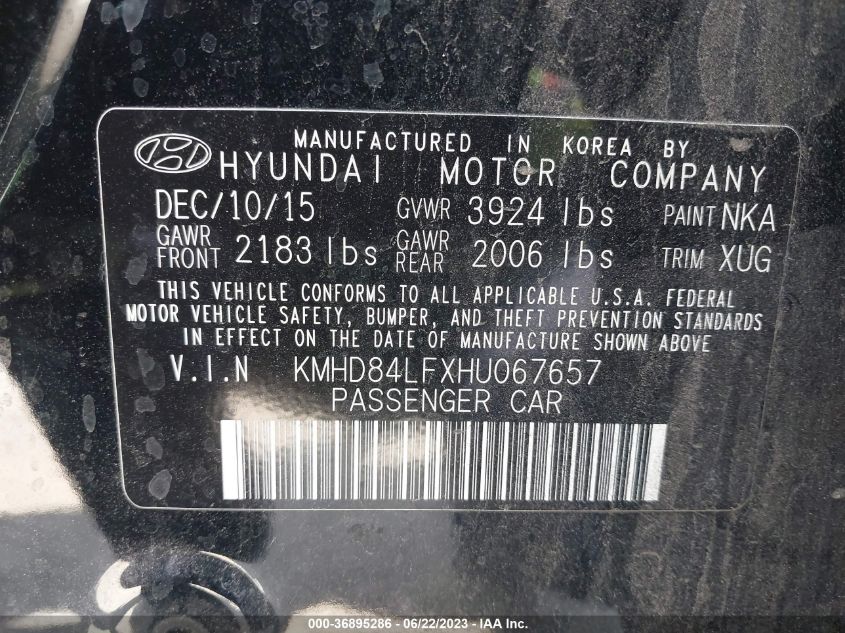 2017 HYUNDAI ELANTRA LIMITED - KMHD84LFXHU067657