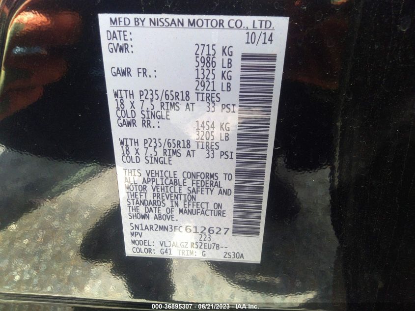 2015 NISSAN PATHFINDER SL - 5N1AR2MN3FC612627