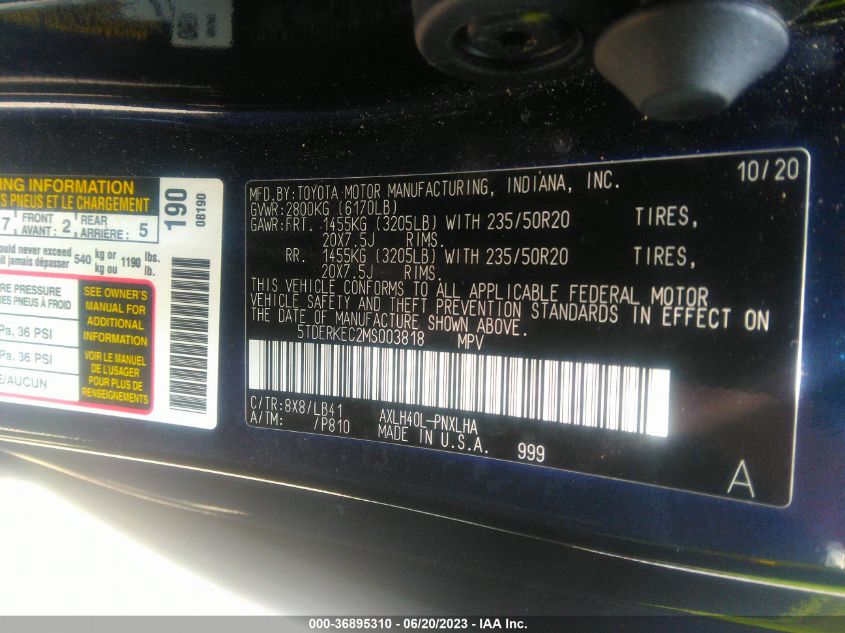 2021 TOYOTA SIENNA LIMITED/PLATINUM - 5TDERKEC2MS003818