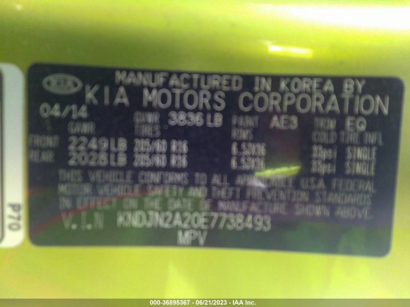 2014 KIA SOUL BASE - KNDJN2A20E7738493