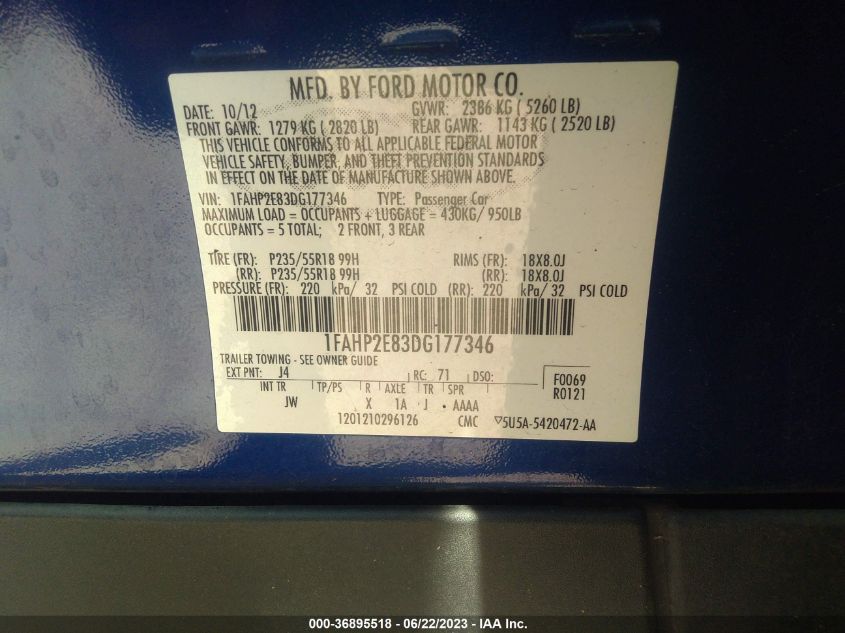 2013 FORD TAURUS SEL - 1FAHP2E83DG177346