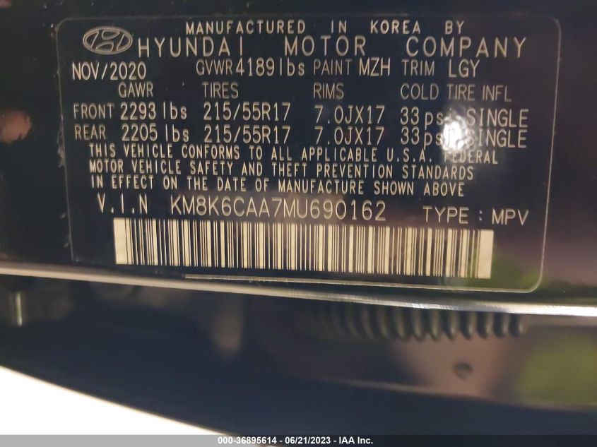 2021 HYUNDAI KONA SEL PLUS - KM8K6CAA7MU690162
