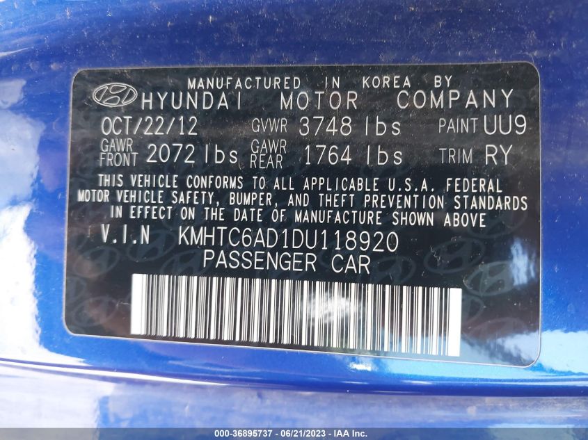 2013 HYUNDAI VELOSTER W/BLACK INT - KMHTC6AD1DU118920