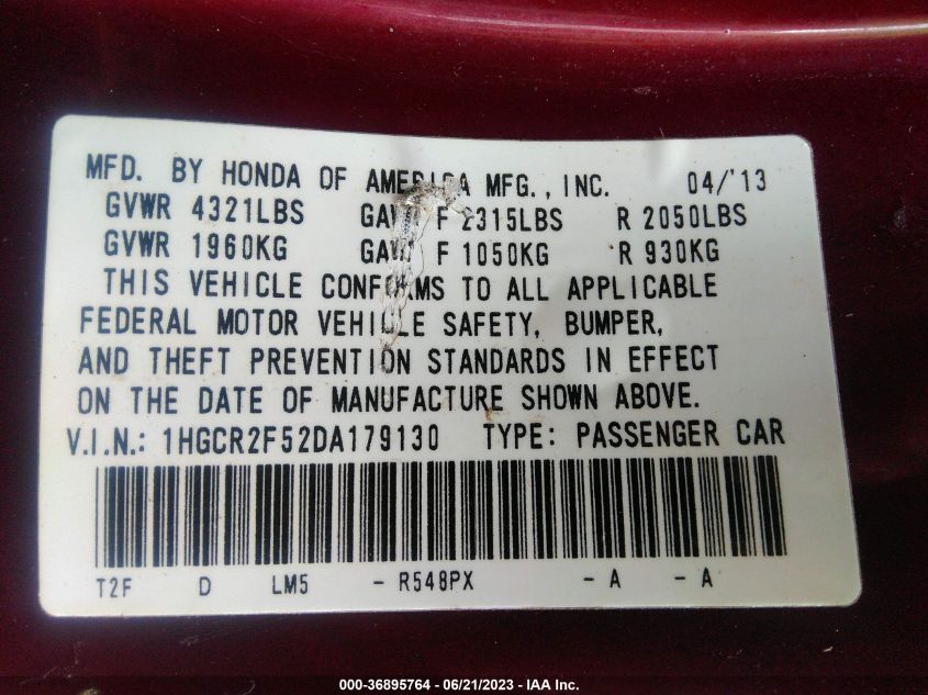 2013 HONDA ACCORD SDN SPORT - 1HGCR2F52DA179130