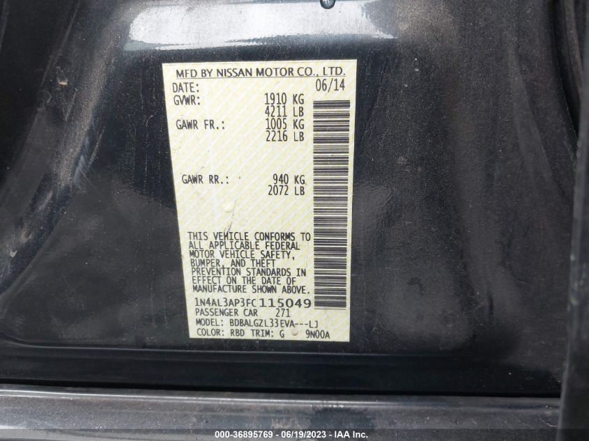 2015 NISSAN ALTIMA 2.5 S - 1N4AL3AP3FC115049