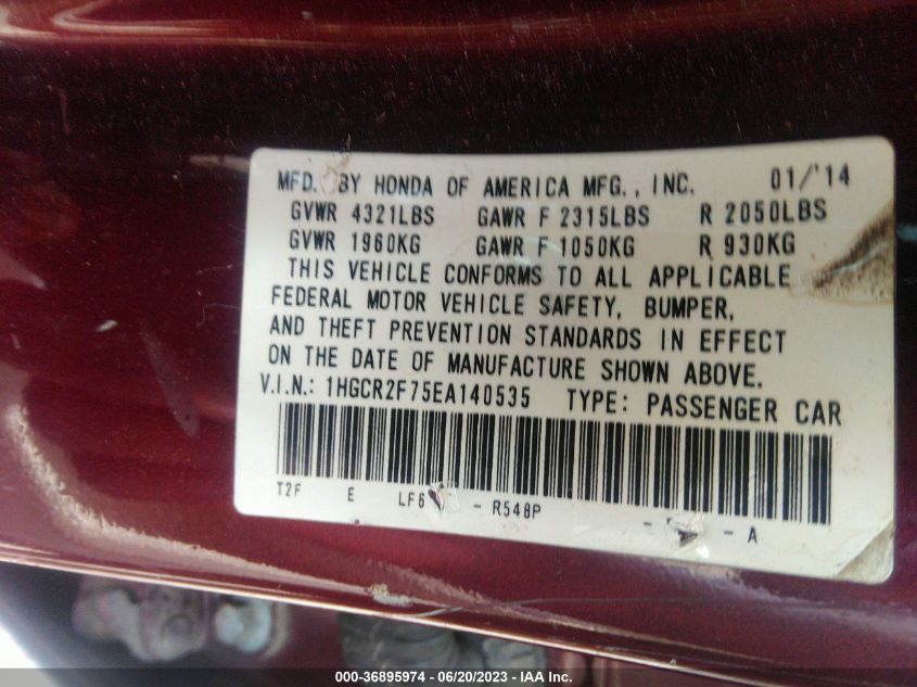 2014 HONDA ACCORD SEDAN EX - 1HGCR2F75EA140535