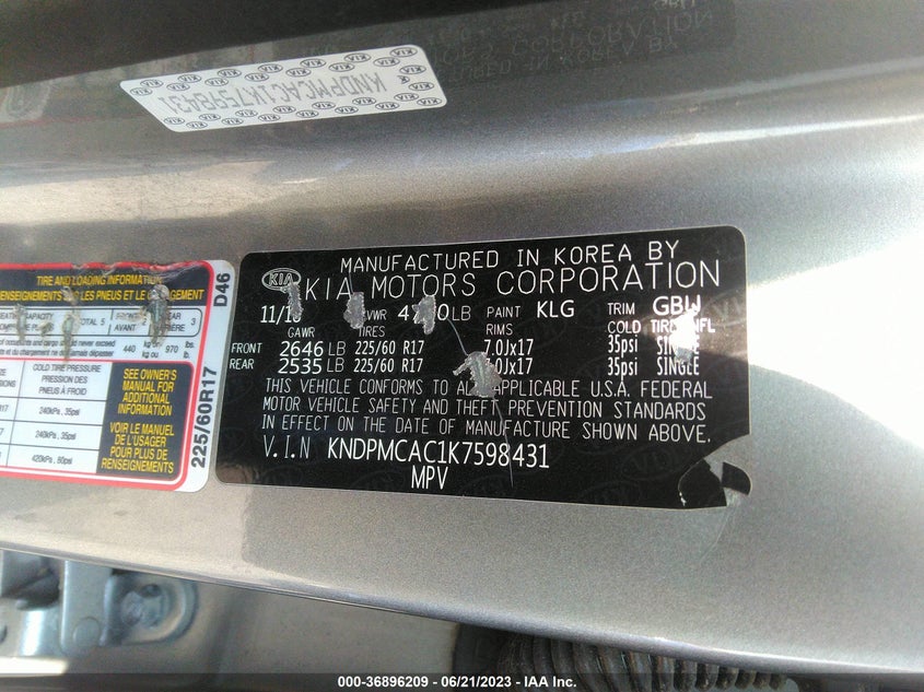 VIN KNDPMCAC1K7598431 2019 KIA SPORTAGE LX