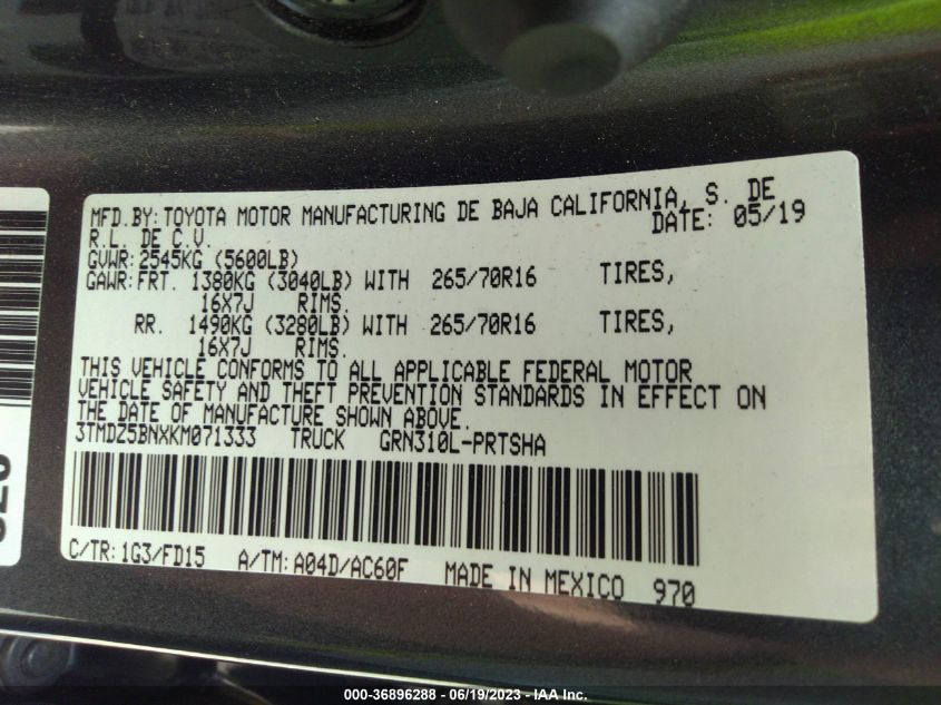 2019 TOYOTA TACOMA 4WD SR5/TRD SPORT - 3TMDZ5BNXKM071333