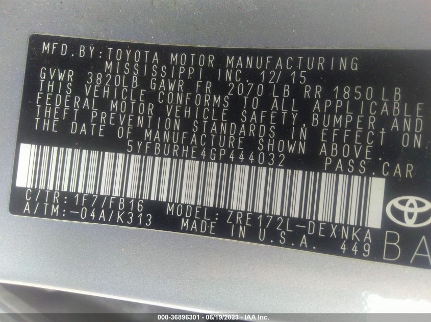 2016 TOYOTA COROLLA L/LE/S/S PLUS/LE PLUS - 5YFBURHE4GP444032