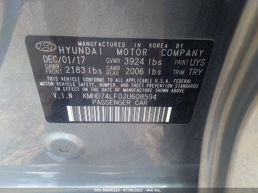 2018 HYUNDAI ELANTRA SE - KMHD74LF0JU608594