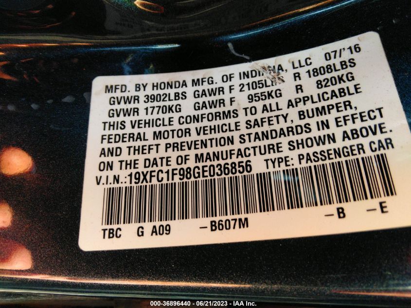 2016 HONDA CIVIC SEDAN TOURING - 19XFC1F98GE036856