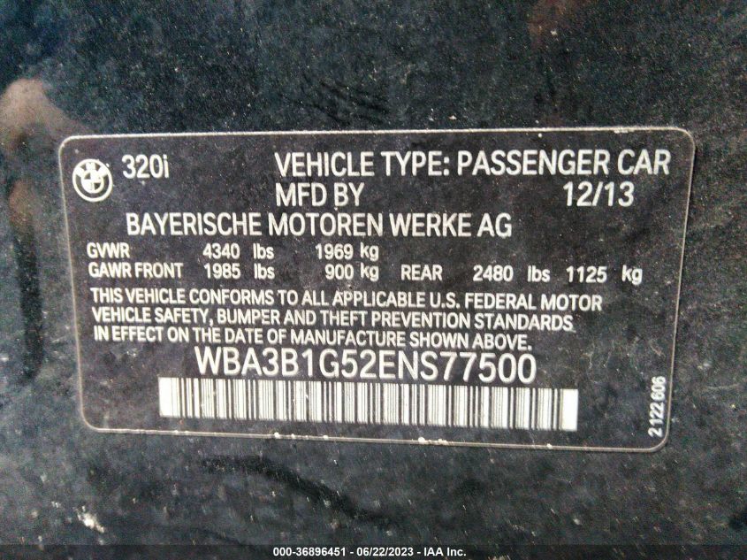 2014 BMW 3 SERIES 320I - WBA3B1G52ENS77500