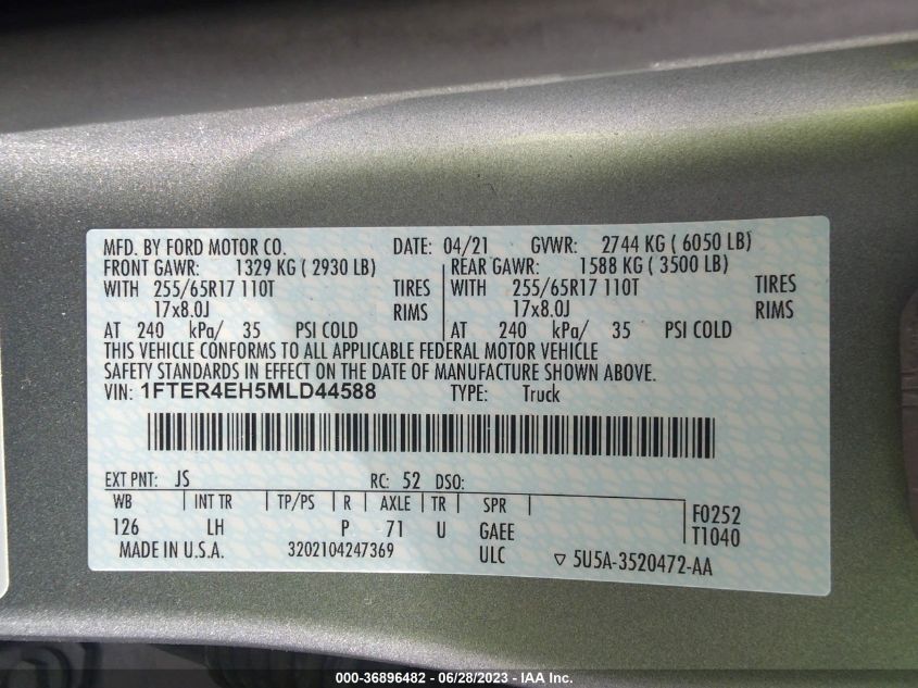 2021 FORD RANGER XL/XLT/LARIAT - 1FTER4EH5MLD44588