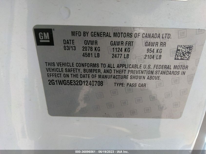2013 CHEVROLET IMPALA LT - 2G1WG5E32D1240708