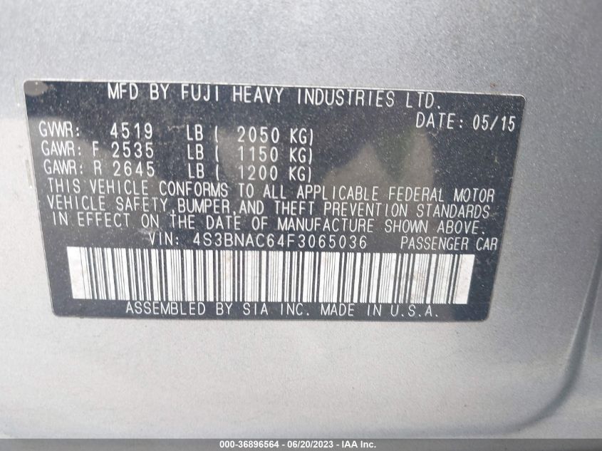 2015 SUBARU LEGACY 2.5I PREMIUM - 4S3BNAC64F3065036