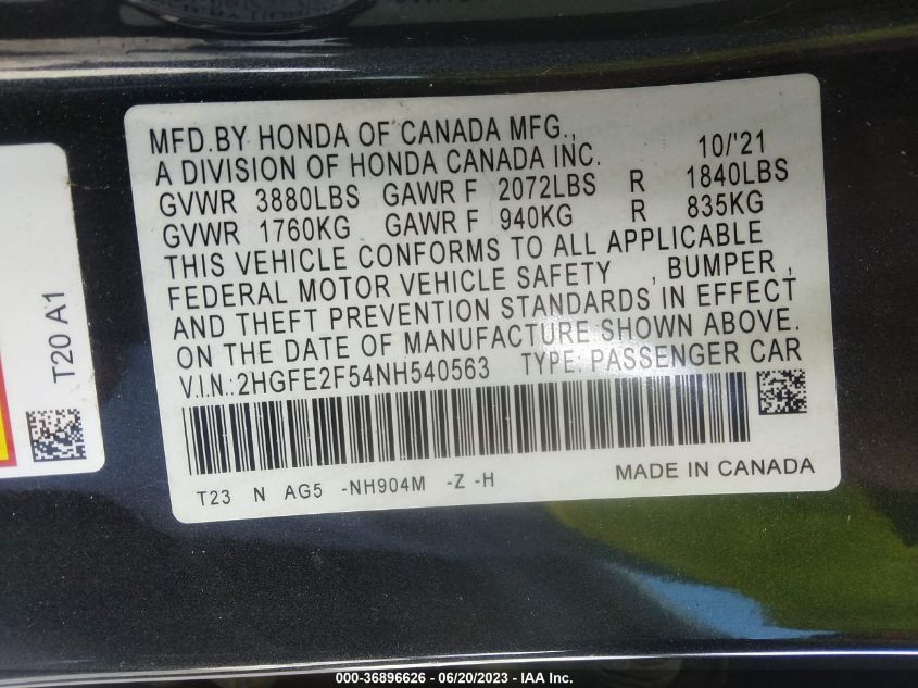 2022 HONDA CIVIC SEDAN SPORT - 2HGFE2F54NH540563