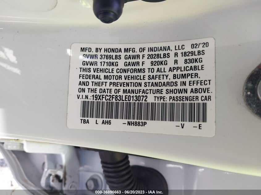 VIN 19XFC2F83LE013072 2020 HONDA CIVIC SEDAN SPORT