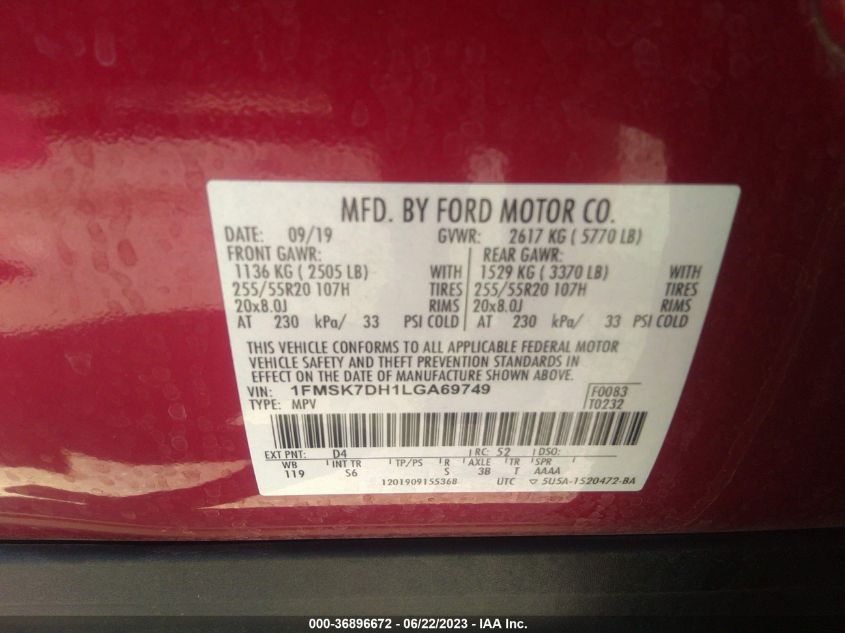 2020 FORD EXPLORER XLT - 1FMSK7DH1LGA69749