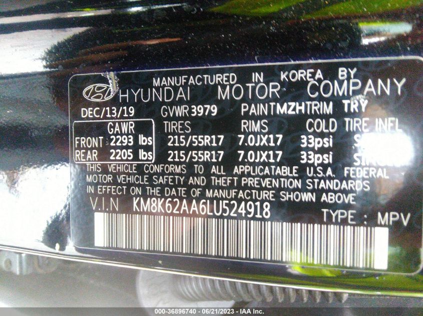 2020 HYUNDAI KONA SEL PLUS - KM8K62AA6LU524918