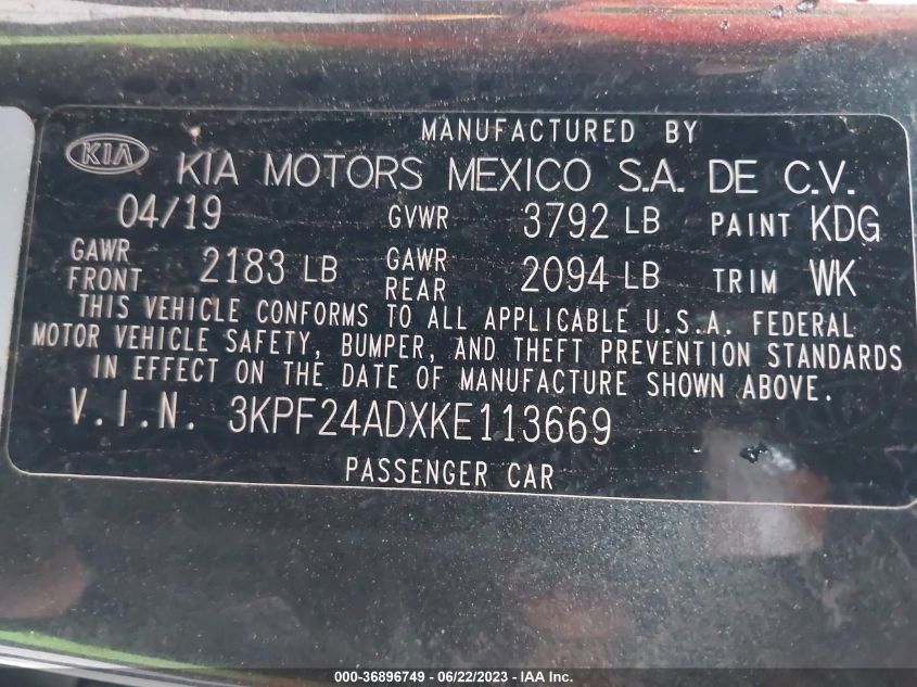 2019 KIA FORTE LXS - 3KPF24ADXKE113669