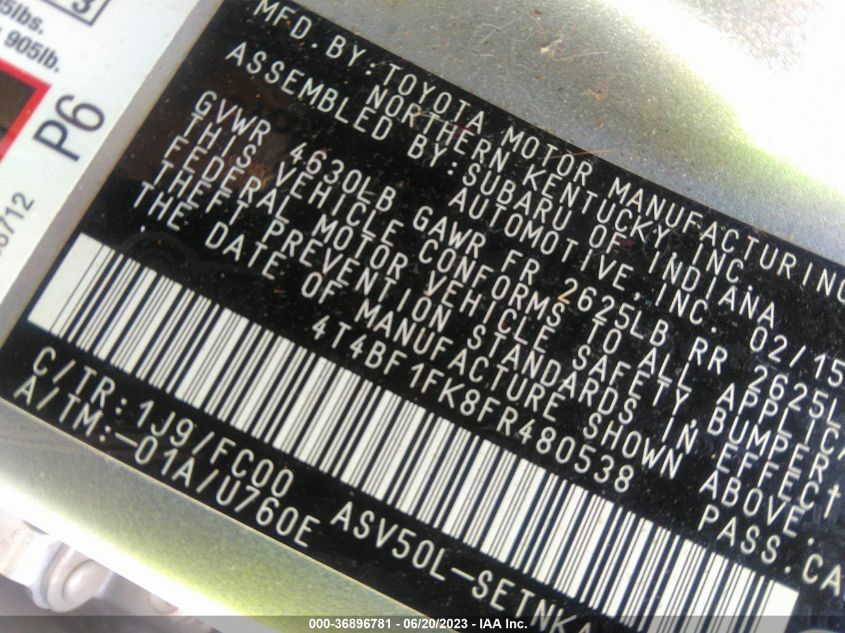 2015 TOYOTA CAMRY XLE/SE/LE/XSE - 4T4BF1FK8FR480538