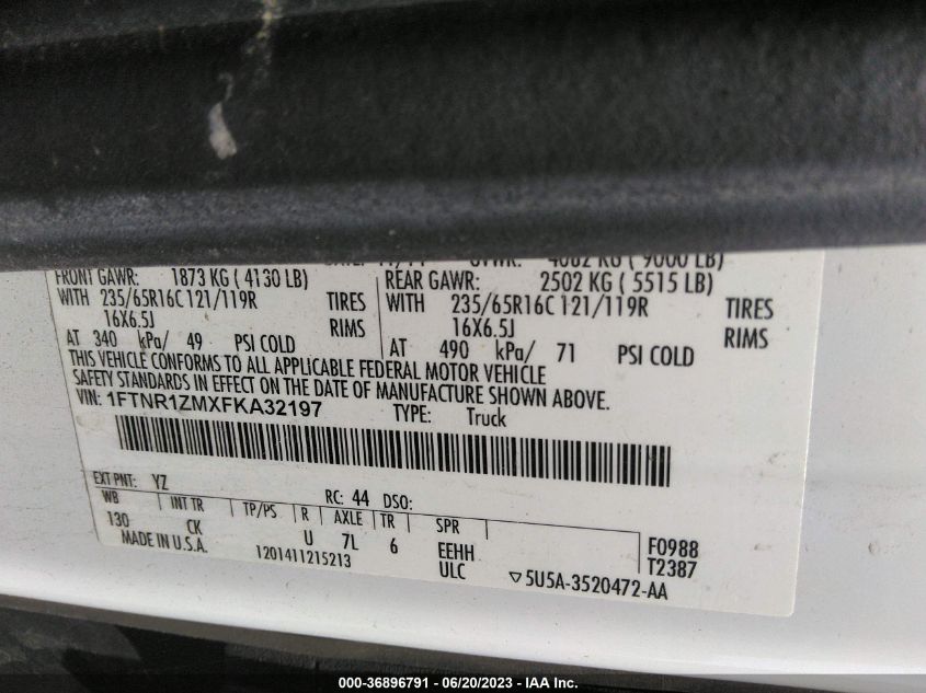 2015 FORD TRANSIT CARGO VAN - 1FTNR1ZMXFKA32197