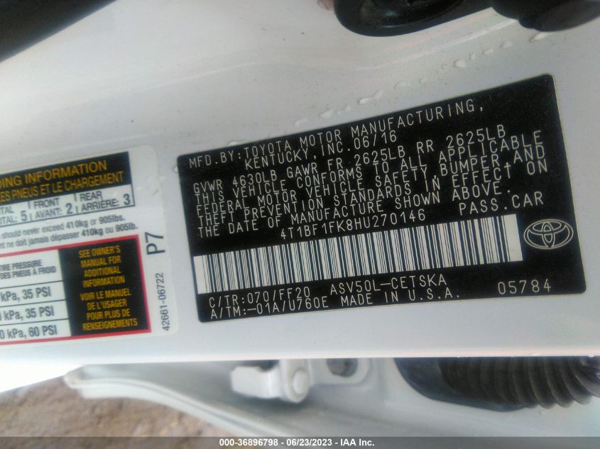 2017 TOYOTA CAMRY XLE/SE/LE/XSE - 4T1BF1FK8HU270146
