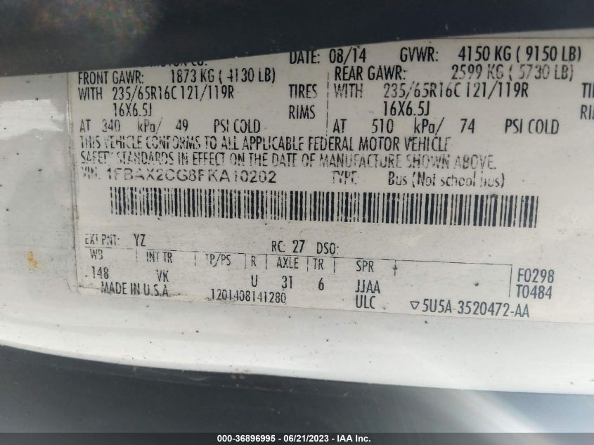 2015 FORD TRANSIT WAGON XL/XLT - 1FBAX2CG8FKA10202