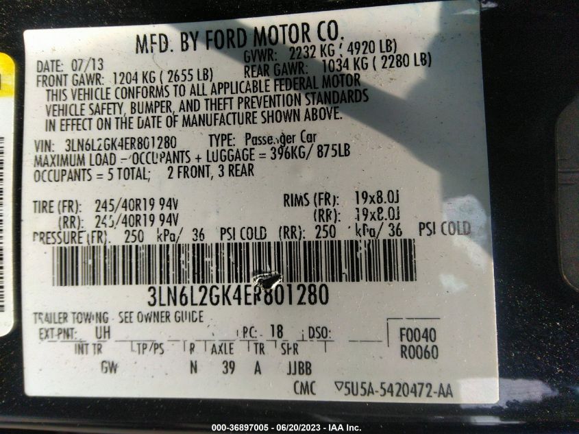 2014 LINCOLN MKZ - 3LN6L2GK4ER801280
