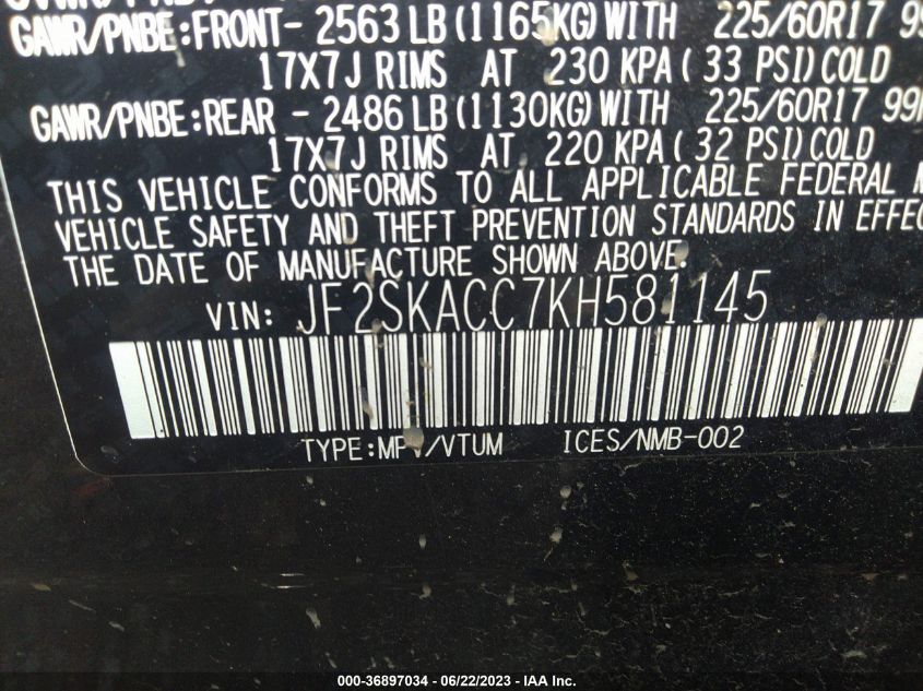 2019 SUBARU FORESTER - JF2SKACC7KH581114