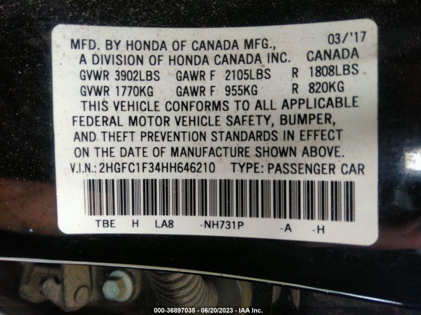 2017 HONDA CIVIC SEDAN EX-T - 2HGFC1F34HH646210