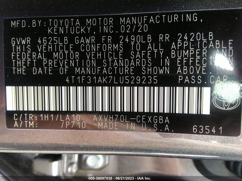 VIN 4T1F31AK7LU529235 2020 TOYOTA CAMRY HYBRID XLE